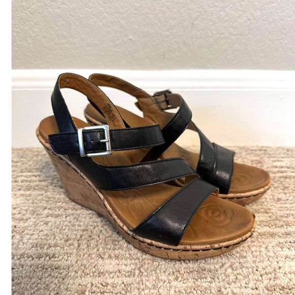 Shoes - b.o.c. Born Concept Cally Black Strappy Cork Wedge Sandals Womens Size 6M